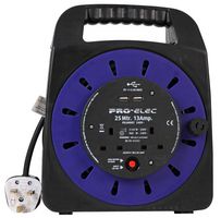 PEL00807 - 2 Gang Mains Extension Cassette Reel with USB, 13A, 25m
