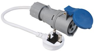 IS1053RQW - UK Mains Plug with 13A Fuse to CEE Socket, 240V, 16A, 2P+E, IP44, Blue