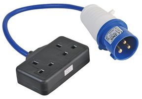 PELB0139 - 13A UK Mains Socket to 16A CEE Plug Extension Lead, 2 Gang, 2P+E, 230V, Blue, 350mm