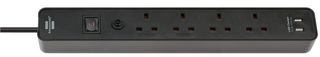 1153243006 - Ecolor FB Mains Extension Lead with USB Charging, 4 Gang, 3m Lead, Black