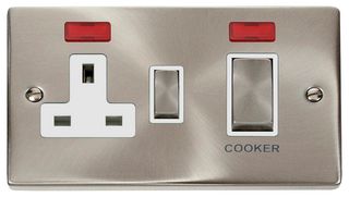 VPSC505WH - Double Pole Cooker Switch & Switched Socketwith Neons, 2 Gang, 45A, Satin Chrome