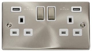 VPSC580WH - Switched Sockets with 2x USB A Sockets, 2 Gang, Double Pole, 13A, Satin Chrome