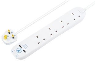 SRGU44N-MP - Mains Extension Lead with Surge Protection & USB, 4 Gang, 2x USB A, 4m, White