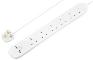 BSNU110N-MP - Mains Extension Lead with USB, 6 Gang, 2x USB A, 1m, White
