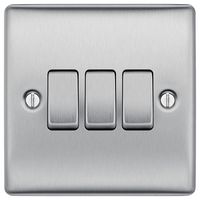 NBS43-01 - Light Switch, 3 Gang, 2 Way, 20A, 16AX, Brushed Steel