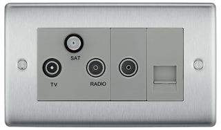 NBS68-01 - Triple FM, TV, Satellite, & Coaxial Return + BT Outlet Socket, Brushed Steel