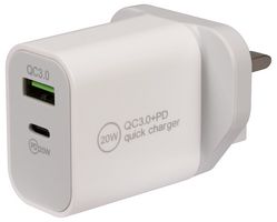 BS-20W - USB PD+QC Mains Charger, 20W, 2 Port, 1x USB A, 1x USB C, White