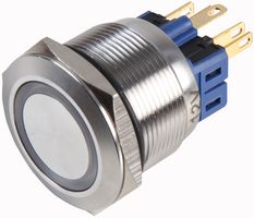 RJS103-25L-F-R-W-BS-12V-67J - Vandal Resistant 22 mm Brushed Steel Switch with White Ring Illumination, Momentary Spring Return, 1NO / 1NC, 250V / 5A, 12V LED