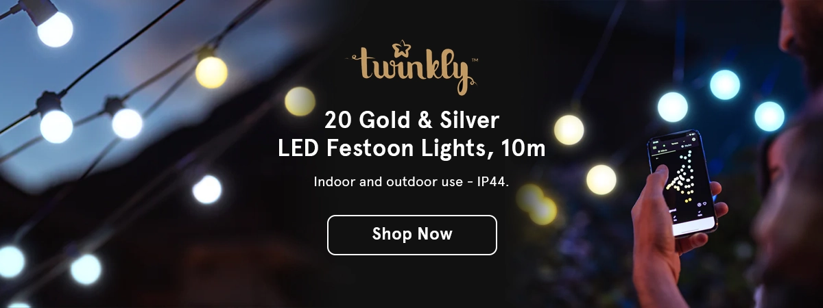 20 Gold & Silver LED Festoon Lights, 10m, Black Cable